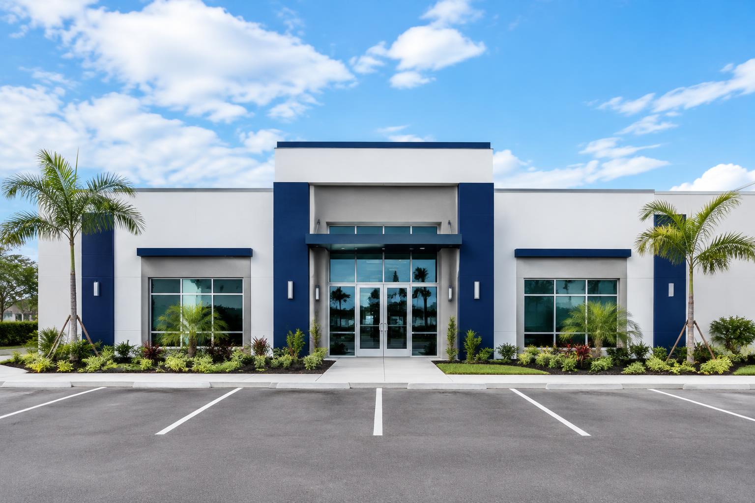 White and gray commercial building with navy accents and glass entrance