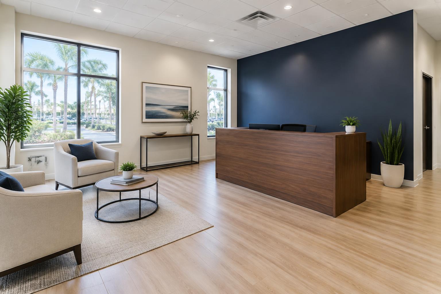 Bright office reception with ivory walls and a navy accent wall