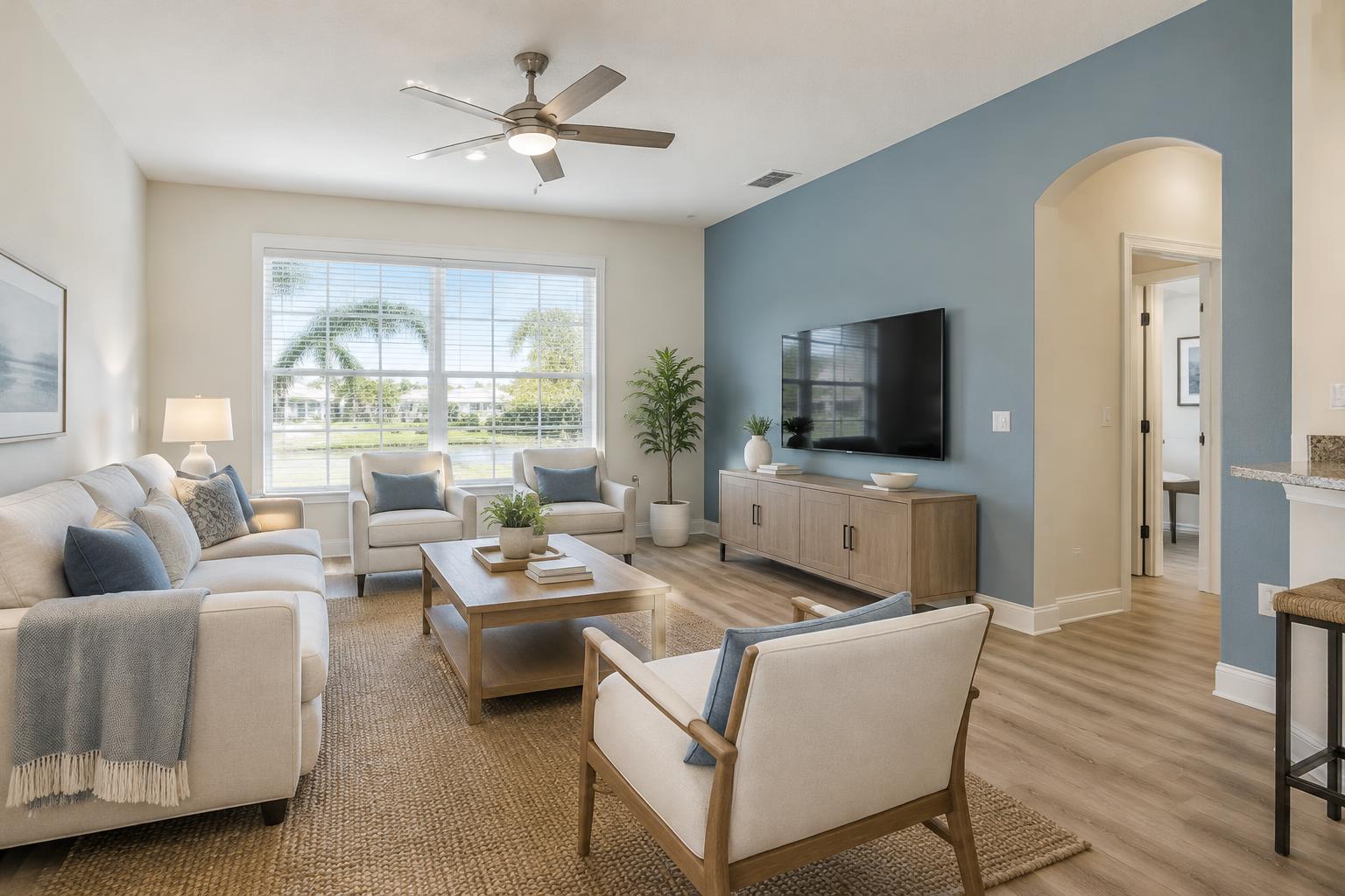 Living room with warm white walls, muted blue accent wall and white trim